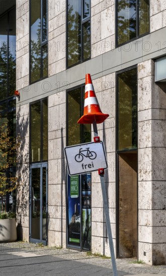 Barriers and signs with traffic signs at road construction sites in Berlin Mitte, Berlin, Germany