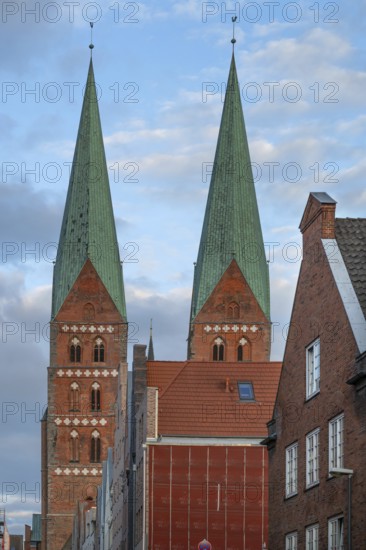 St. Mary's Church towers, brick Gothic, built between 1265 and 1351, Hanseatic City of Lübeck,