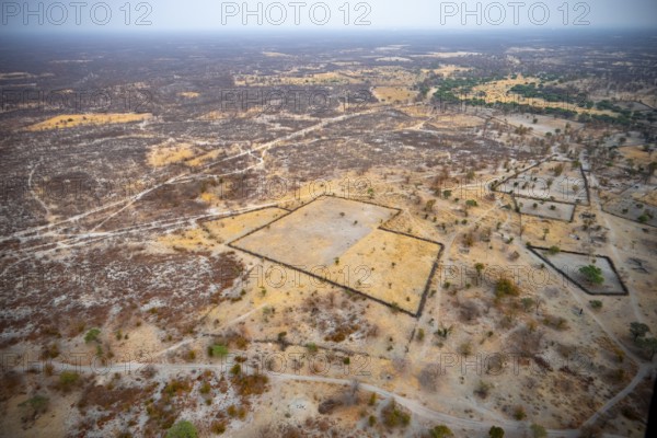 Settlement, simple house and fence, dry savanna landscape, near Maun, aerial view, Okavango Delta,