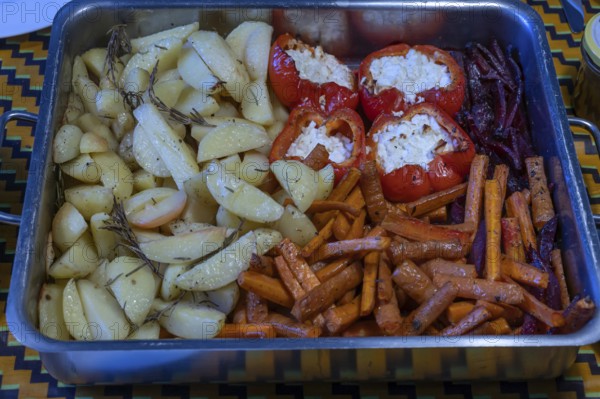 Potatoes and stuffed peppers and carrots served in a casserole, Mecklenburg-Vorpommern, Germany