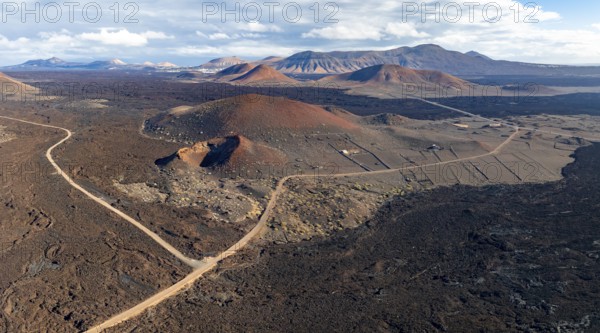 Volcanic landscape with craters and lava fields near El Golfo, aerial view, Lanzarote, Canary