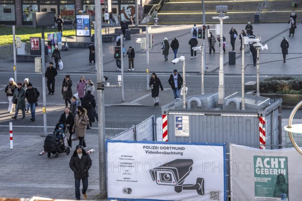 Downtown Dortmund, in front of the main train station, the police have set up comprehensive video