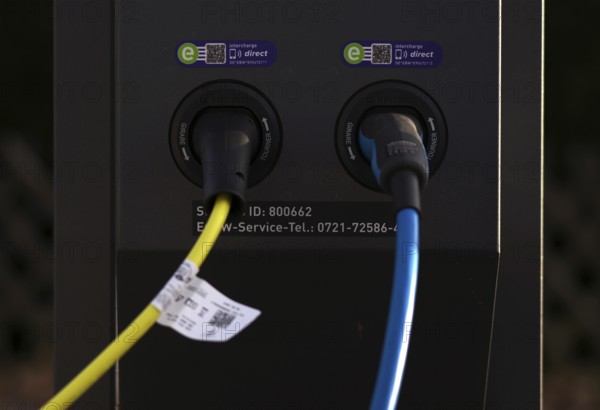 Detailed view, parking lot with gas pump, EnBW charging station for electric cars, charging