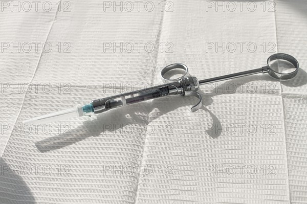 A carpal syringe, reusable, for use in dentistry, for the administration of anesthetic, lies on the