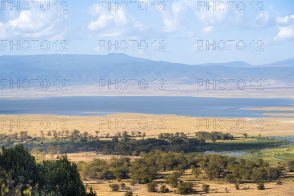 View of savanna landscape and lakes in the Ngorongoro Crater from the crater rim in the evening
