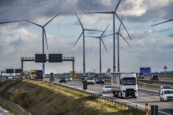 A44 motorway near Bedburg, in front of the Jackerath triangle, recultivated open-cast mining site,