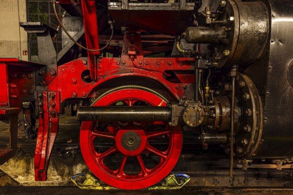 Wheelwork of a historic steam locomotive owned by the Free State of Bavaria, Eisenbahnmuseum,