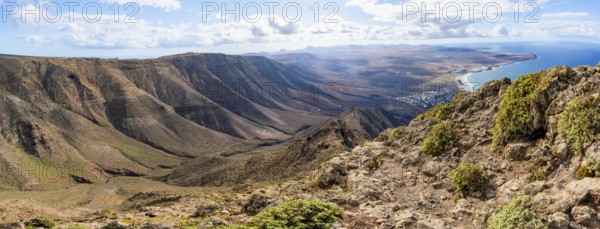 Panorama at Castillejo viewpoint, view from the Risco de Famara cliffs to the coast and the sea