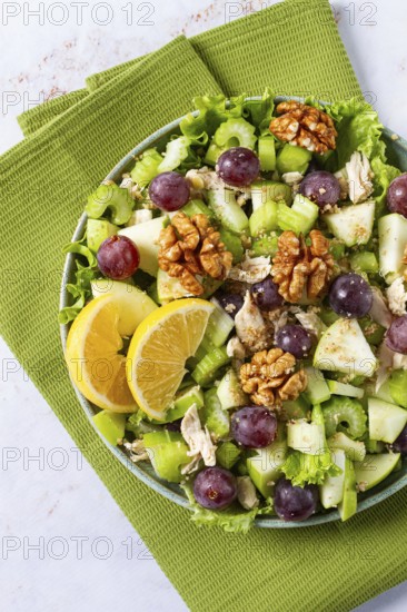 Fresh Waldorf salad, celery stalk with chicken, apple and walnuts, grapes, herbs, homemade, without