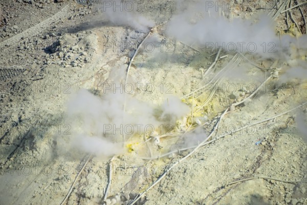 Steaming fumaroles in the Owakudani geothermal area at Komagatake volcano, Hakone, Japan