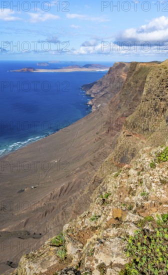 Castillejo viewpoint, view from the Risco de Famara cliffs to the coast and the sea with the Famara