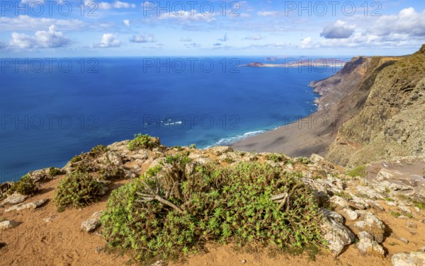 View from the Castillejo viewpoint from the Risco de Famara cliffs to the coast and the sea with