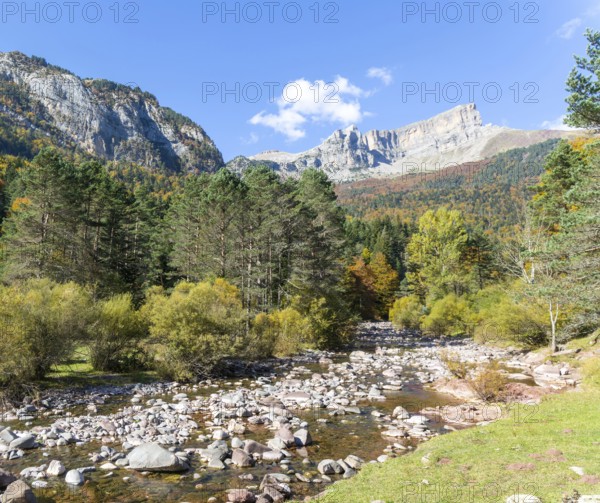 Mountain landscape view river at Selva de Oza, Valle de Hecho, Pyrenees Mountains, Huesca province,