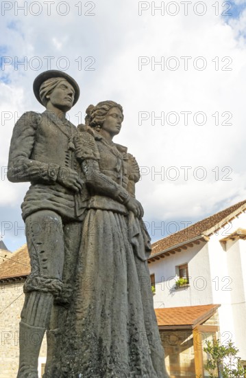 Traditional Cheso Costume statue sculpture, Echo or Hecho, Valle de Hecho, Huesca province, Aragon,