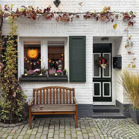 Decorated house façade for the traditional Martin procession in Tiefstraße, Altstadt, Kempen, Lower