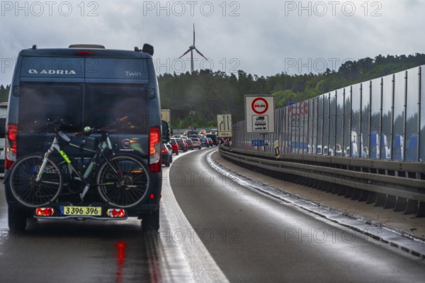 Traffic jam on the A9 motorway, a noise barrier on the right, Hof, Upper Franconia, Bavaria,