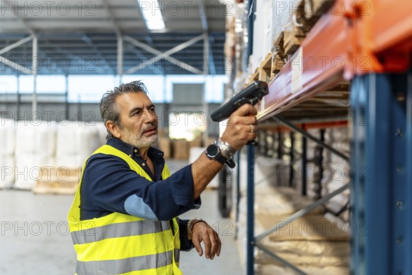 Mature man wearing a safety vest scanning barcodes on shelves with a handheld scanner, managing
