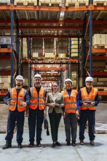 Diverse group of warehouse employees and a manager posing, smiling, and looking at the camera,