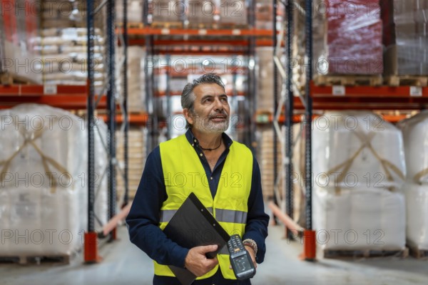 Experienced supply chain manager wearing a safety vest and holding a barcode scanner while
