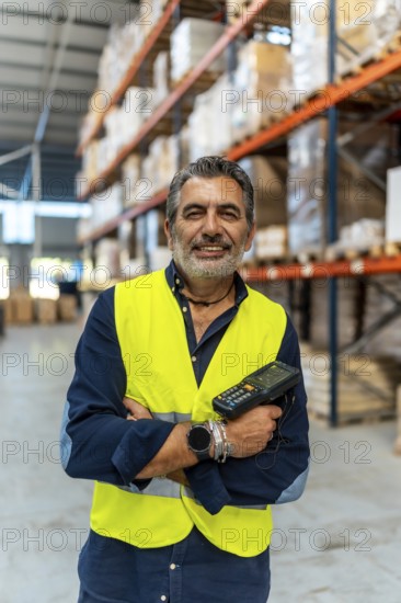 Middle aged man wearing safety vest and holding a barcode scanner, smiling, while standing with