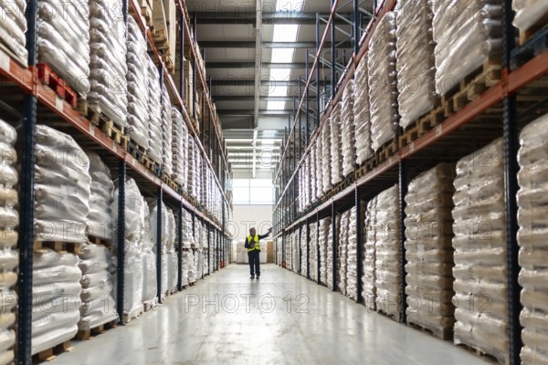 Man in safety vest reviewing stock levels and goods stored on tall shelves inside a large