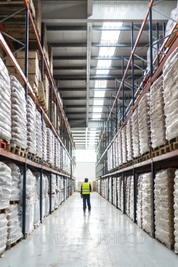 Warehouse worker in high visibility vest walks down a long aisle of towering racks filled with