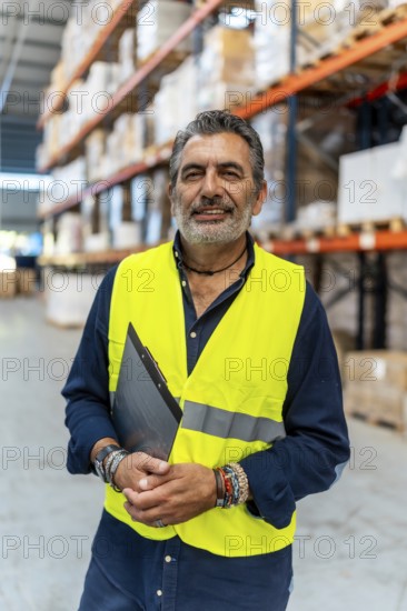 Mature warehouse manager smiling in safety vest with clipboard, standing confidently in busy aisle