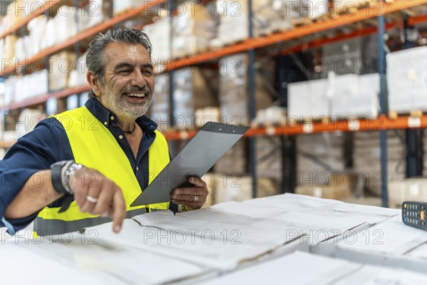 Male logistics supervisor wearing safety vest pointing and holding clipboard, smiling while