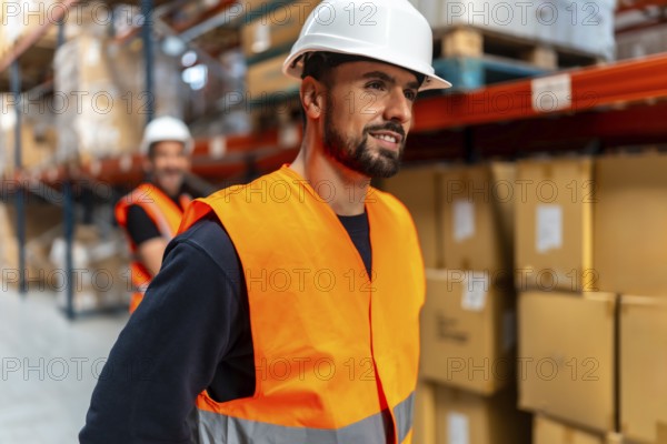 Man wearing an orange safety vest and white hard hat, working at a logistics warehouse with shelves