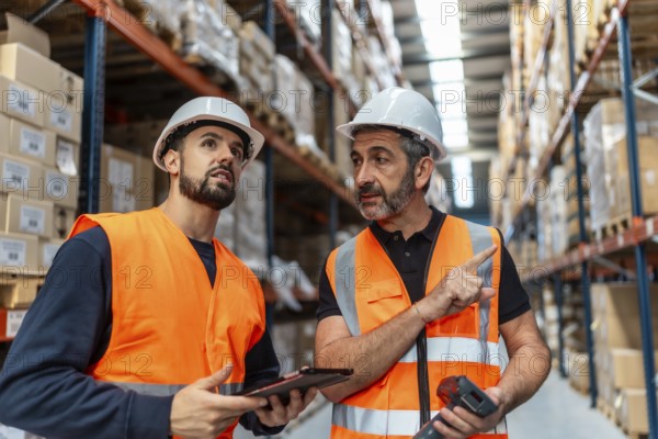 Two male warehouse workers wearing safety vests and hard hats discussing inventory with a digital