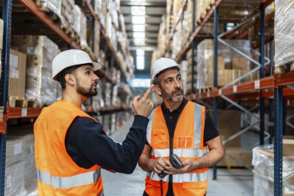 Two male workers wearing hard hats and safety vests are discussing inventory and supply chain