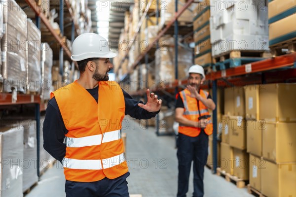 Two male warehouse workers in hard hats and safety vests discuss inventory in a busy distribution