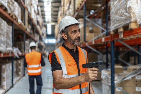 Warehouse worker wearing a white hard hat and orange safety vest scanning a package with a handheld