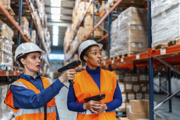 Women in hard hats and safety vests collaborate in a large warehouse, using handheld scanners to