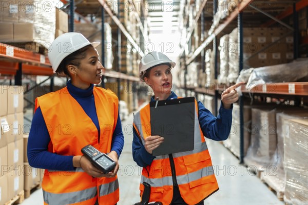 Diverse team of women workers wearing safety vests and hard hats, collaborating and pointing to