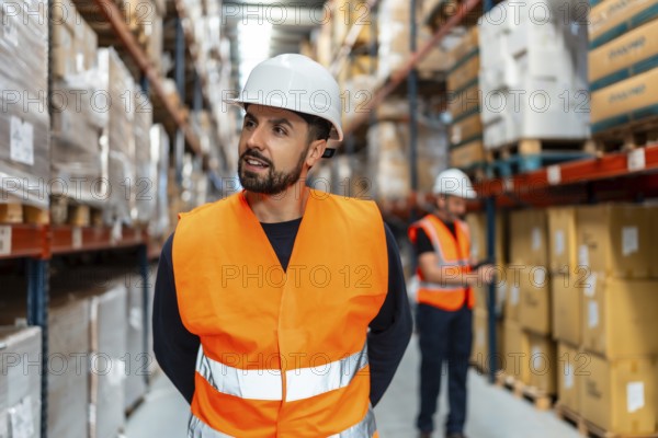 Young man wearing a hard hat and safety vest standing in a logistics warehouse with shelves stacked