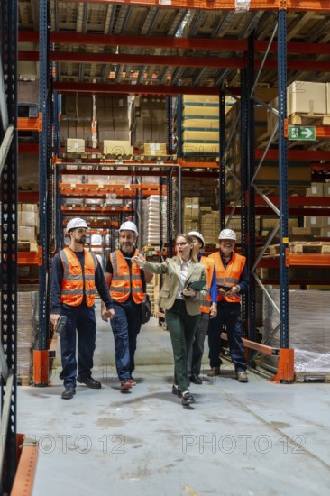 Diverse team of logistics professionals and warehouse workers discussing inventory management and