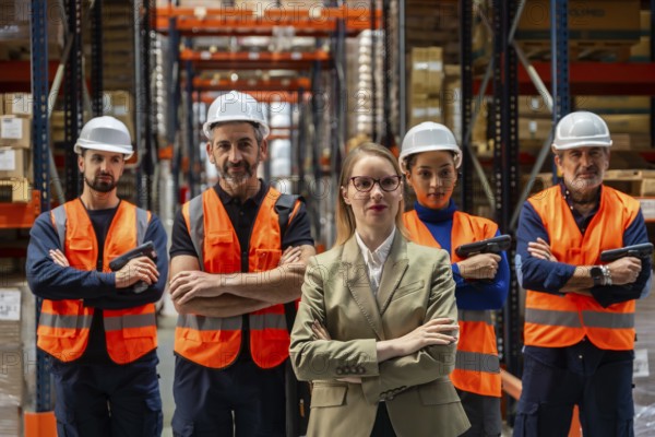 Female warehouse manager standing confidently with crossed arms in front of her diverse team of