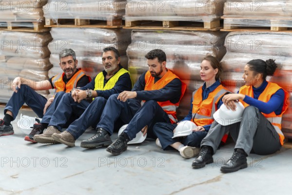 Logistics team of diverse male and female employees in safety vests and uniforms sitting on the