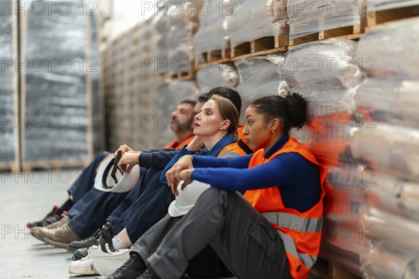 Tired diverse warehouse workers sitting on the floor, taking a well deserved break after strenuous