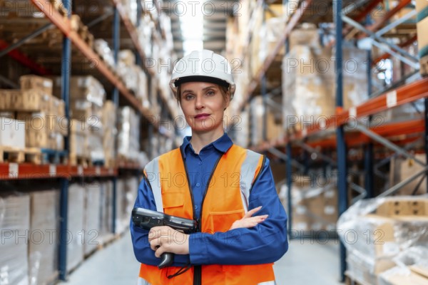 Woman wearing hard hat and safety vest standing confidently in a large logistics warehouse, holding