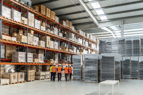 Logistics team in hard hats and hi vis vests walking through a bright industrial warehouse,