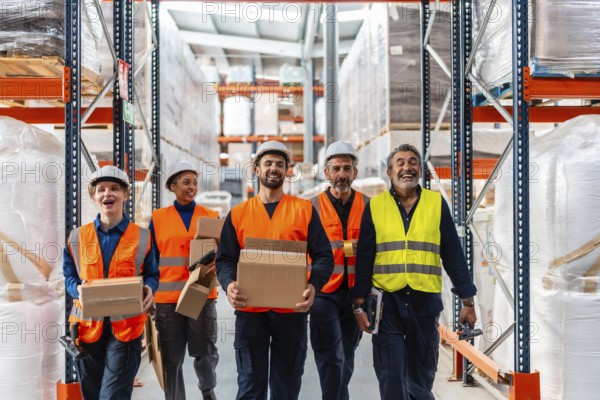 Happy multi ethnic logistics team and manager in helmets and reflective vests walking warehouse