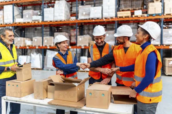 Diverse group of logistics workers shaking hands in a busy distribution warehouse, celebrating a