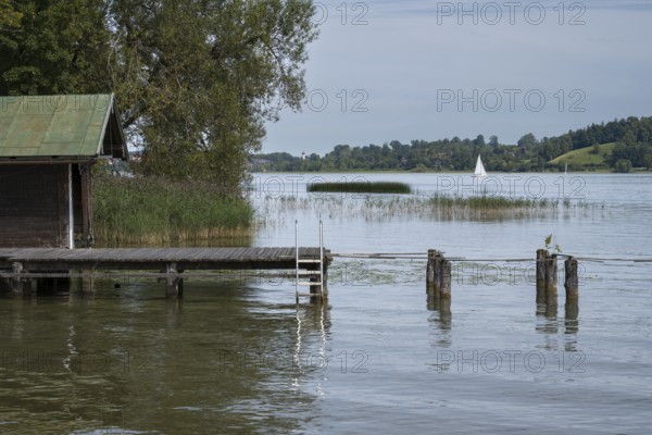 Hut and jetty on the banks of Tegernsee, Bad Wiessee, Upper Bavaria, Bavaria, Germany