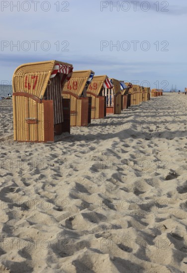 Empty, locked beach chairs on the beach, beach chair, sandy beach, Baltic Sea, Poel island,