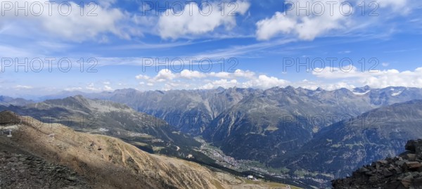 Scenic view from Gaislachkogel over the Ötztal Alps and down into the Ötztal near Sölden, Tyrol,