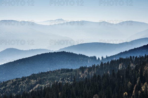 Staggered mountain ranges in haze, at Hohneck, Col de la Schlucht, Vosges, Alsace-Lorraine, Vosges