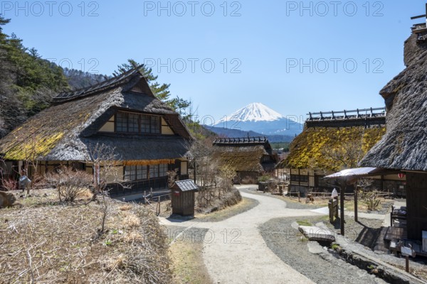Iyashinosato open-air museum, old Japanese village with traditional houses, at the back volcano Mt.