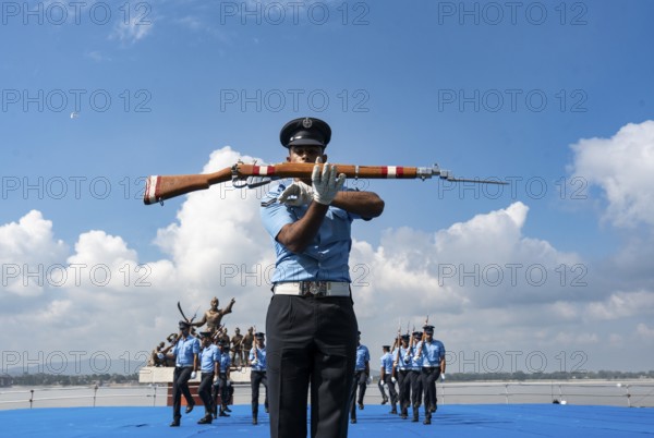 Indian Air Force personnel performs a bayonet drill demonstration on the bank of Brahmaputra river,